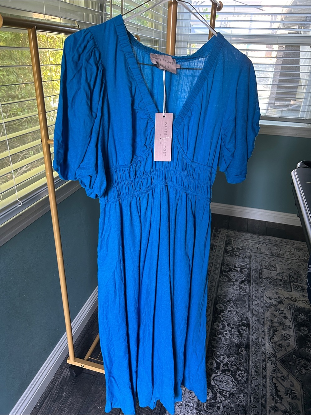 White Closet Cobalt Blue Maxi Dress with V-Neck and Puff Sleeves NWT XL